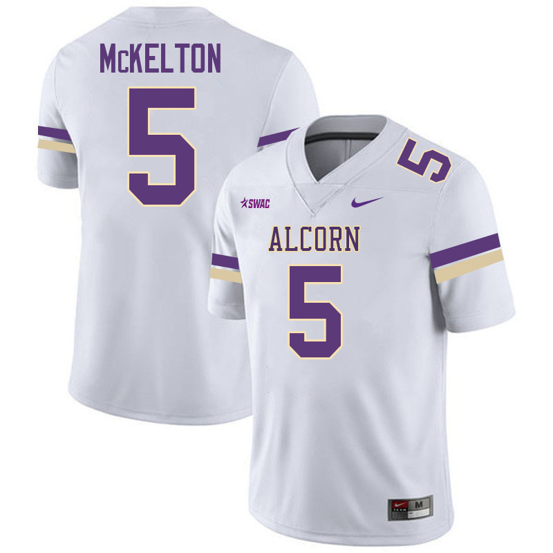 Alcorn State Braves #5 Geoffrey McKelton College Football Jerseys,Uniforms Stitched-White